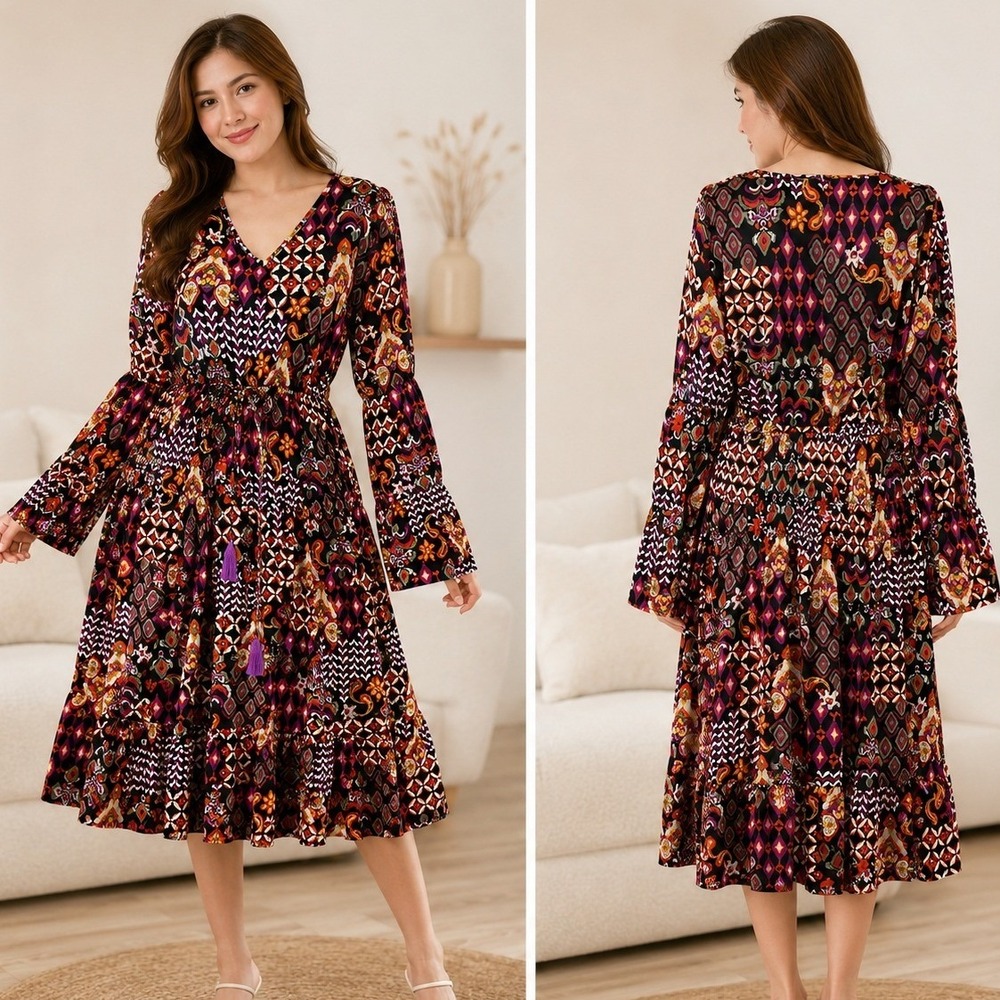 Paparazzi Dress XL Multi Color Boho Paisley Bell Sleeve V-Neck Tassel Peasant